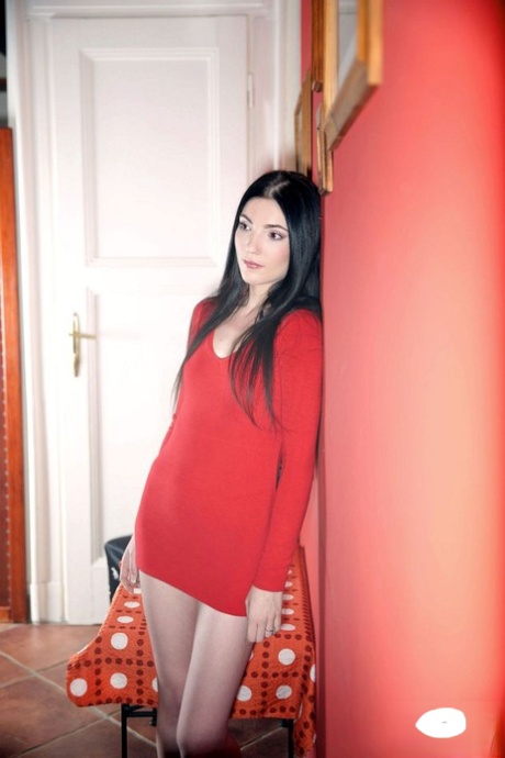 Hot brunette chick Mia Evans showcases her bald twat after removing red dress 42957583